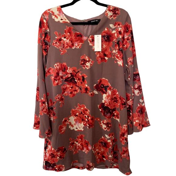 Sugar + Lips Mauve Red Bell Sleeve V-Neck Back Zip Floral Shift Dress Medium NWT - Picture 1 of 7